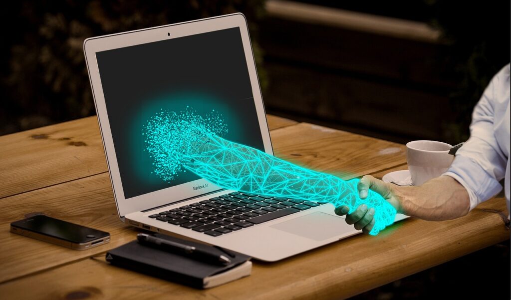 Human shaking hands with an AI, depicted as a digital hand extending from a laptop screen